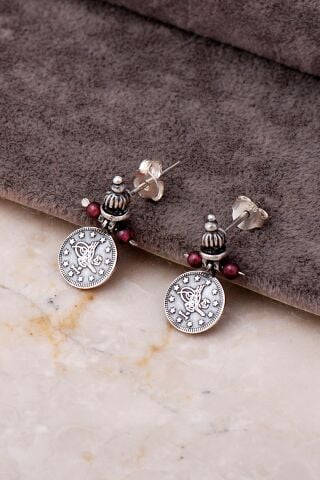 Osmanlı Tuğralı Ametist Taşlı Mini Gümüş Küpe 5759