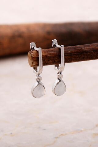 Doğal Ay Taşlı Damla Mini Rodyumlu Gümüş Küpe 5864