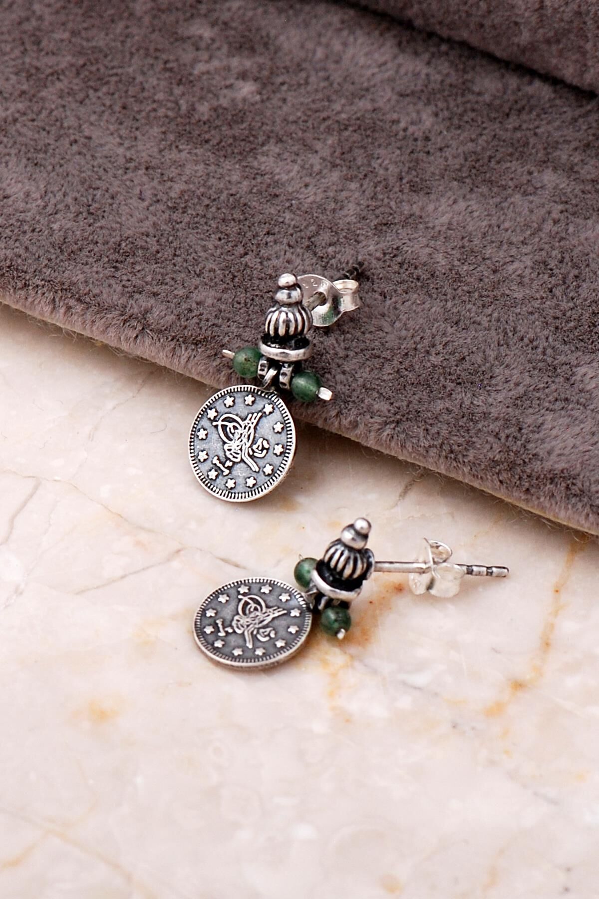 Osmanlı Tuğralı Turmalin Taşlı Mini Gümüş Küpe 5759