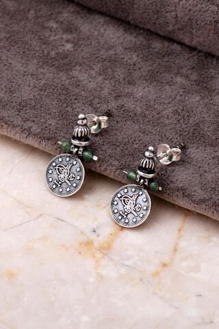 Osmanlı Tuğralı Turmalin Taşlı Mini Gümüş Küpe 5759