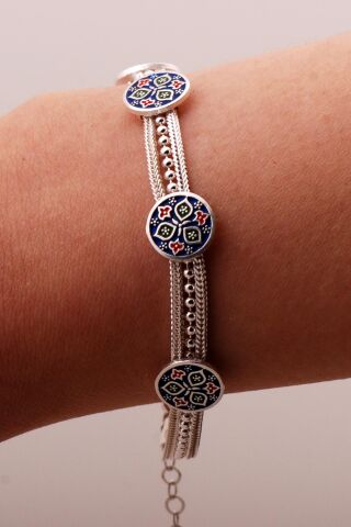 Anadolu Motifli Mineli Hasır Elişi Tasarım Gümüş Bileklik 4344