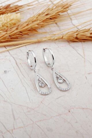 Damla Sallantılı Rodyumlu Gümüş Halka Küpe 7334