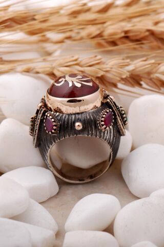 Sultan Serisi Akik Taşlı Elişi Tasarım Gümüş Yüzük 195