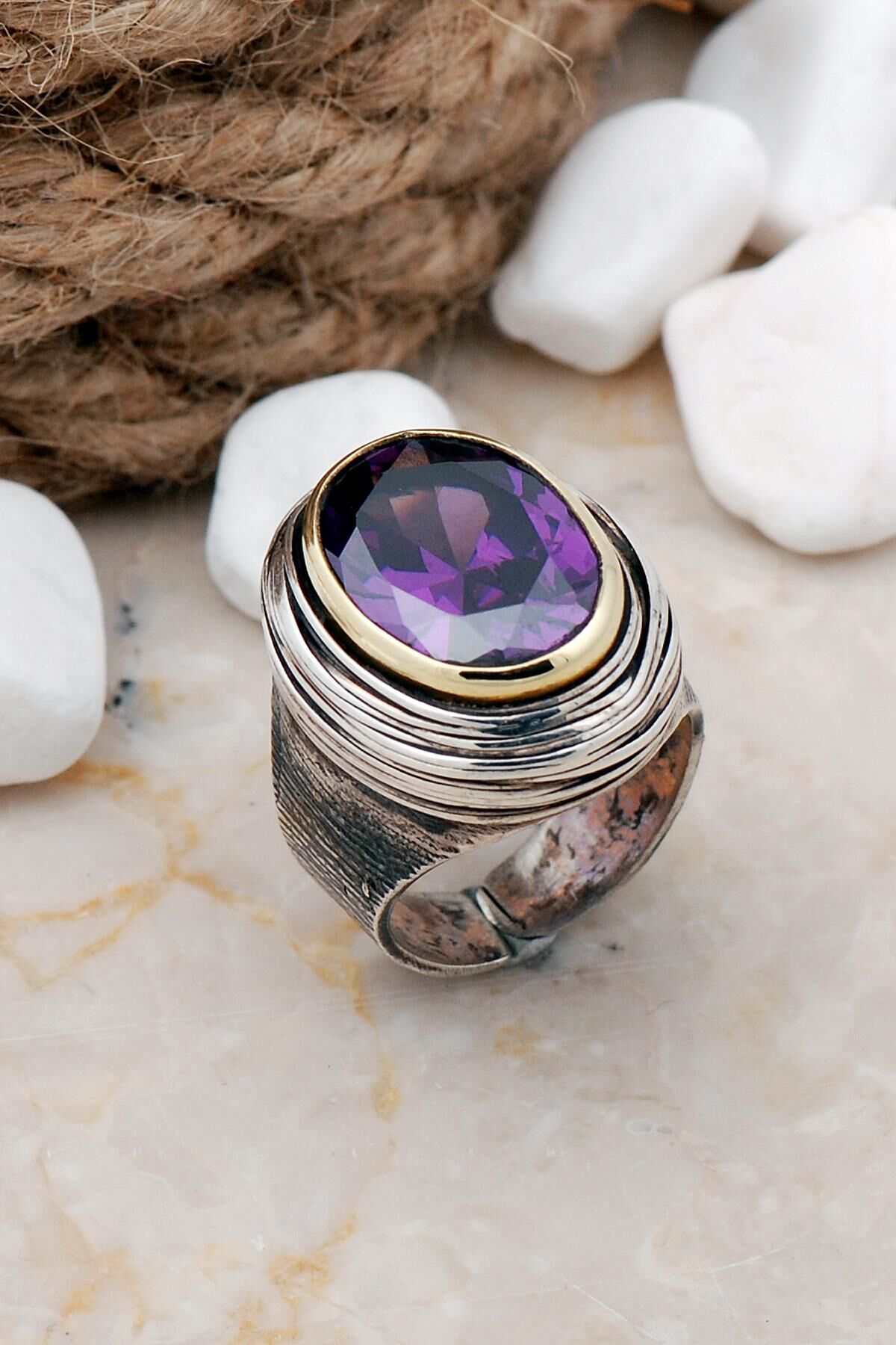 Ametist Taşlı Tel Sarma Elişi Gümüş Yüzük 3267