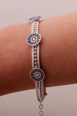 Anadolu Motifli Mineli Hasır Elişi Tasarım Gümüş Bileklik 4346