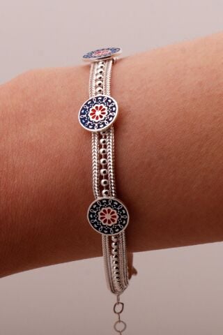 Anadolu Motifli Mineli Hasır Elişi Tasarım Gümüş Bileklik 4346
