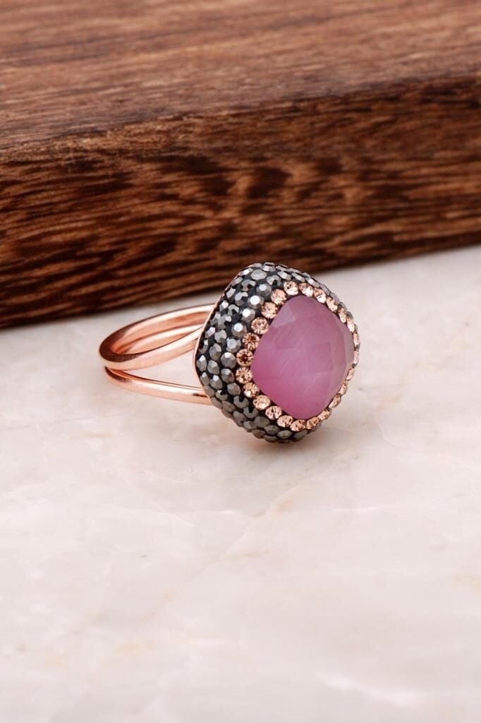Pembe Opal Taşlı Rose Gümüş Tasarım Yüzük 2701