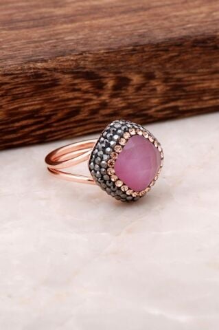 Pembe Opal Taşlı Rose Gümüş Tasarım Yüzük 2701