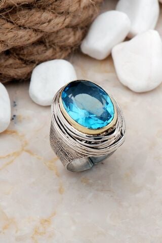 Akuamarin Taşlı Tel Sarma Elişi Gümüş Yüzük 3268