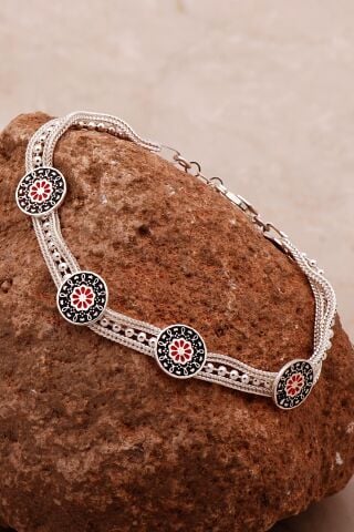 Anadolu Motifli Mineli Hasır Elişi Tasarım Gümüş Bileklik 4347