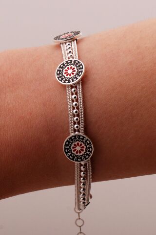 Anadolu Motifli Mineli Hasır Elişi Tasarım Gümüş Bileklik 4347
