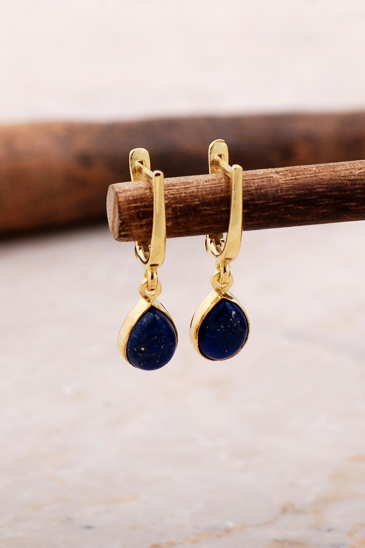 Doğal Lapis Lazuli Taşlı Damla Mini Altın Yaldızlı Gümüş Küpe 5868