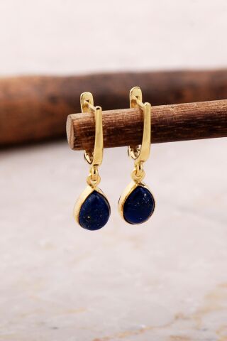 Doğal Lapis Lazuli Taşlı Damla Mini Altın Yaldızlı Gümüş Küpe 5868