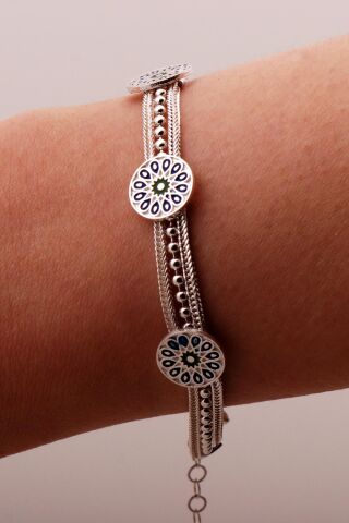 Anadolu Motifli Mineli Hasır Elişi Tasarım Gümüş Bileklik 4348