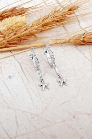 Baget Taşlı Deniz Yıldızı Sallantılı Rodyumlu Gümüş J Küpe 7337