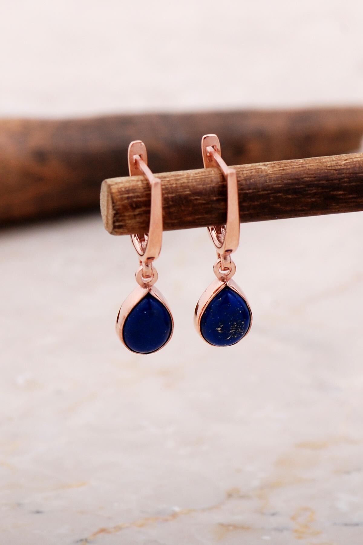 Doğal Lapis Lazuli Taşlı Damla Mini Rose Gümüş Küpe 5869