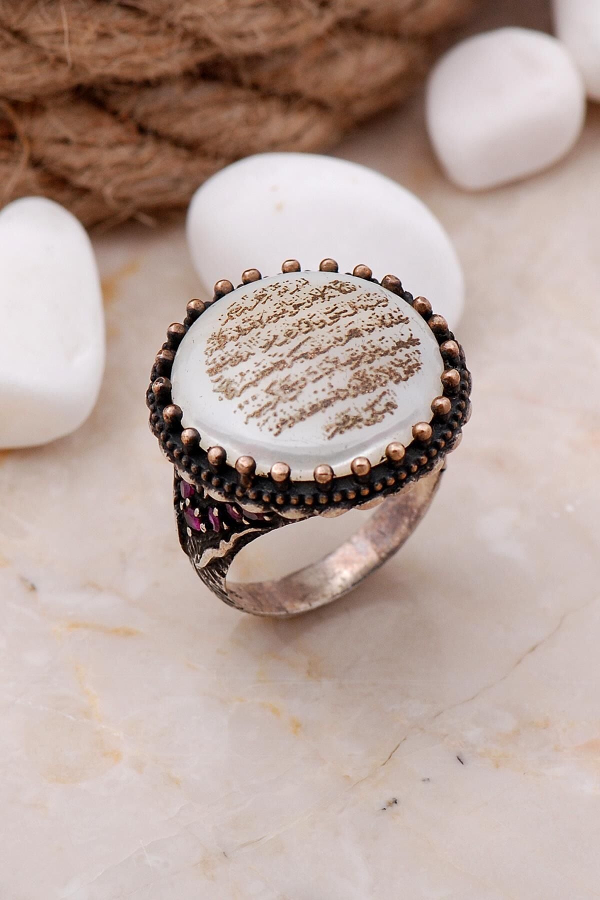 Ayetli Sedef Taşlı Elişi Gümüş Yüzük 203