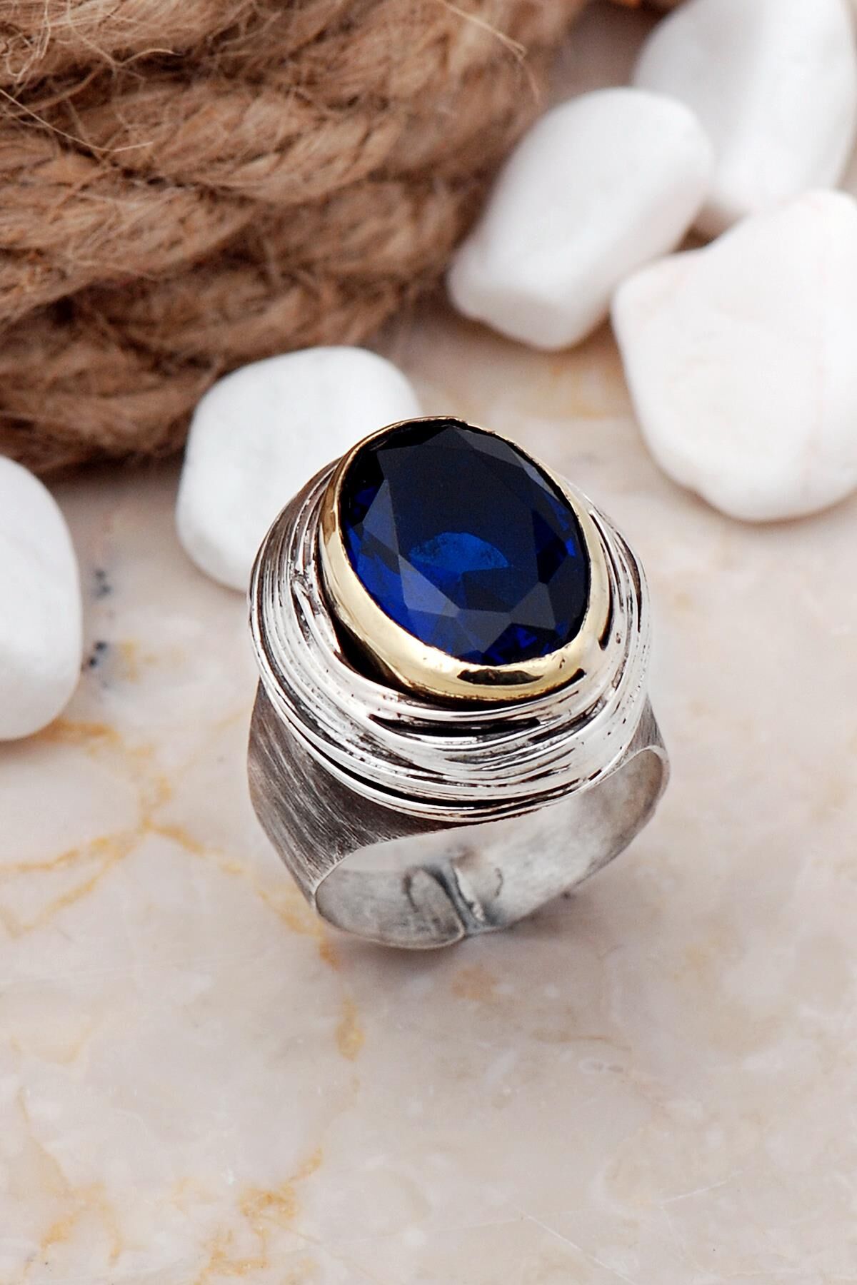 Safir Taşlı Tel Sarma Elişi Gümüş Yüzük 3270