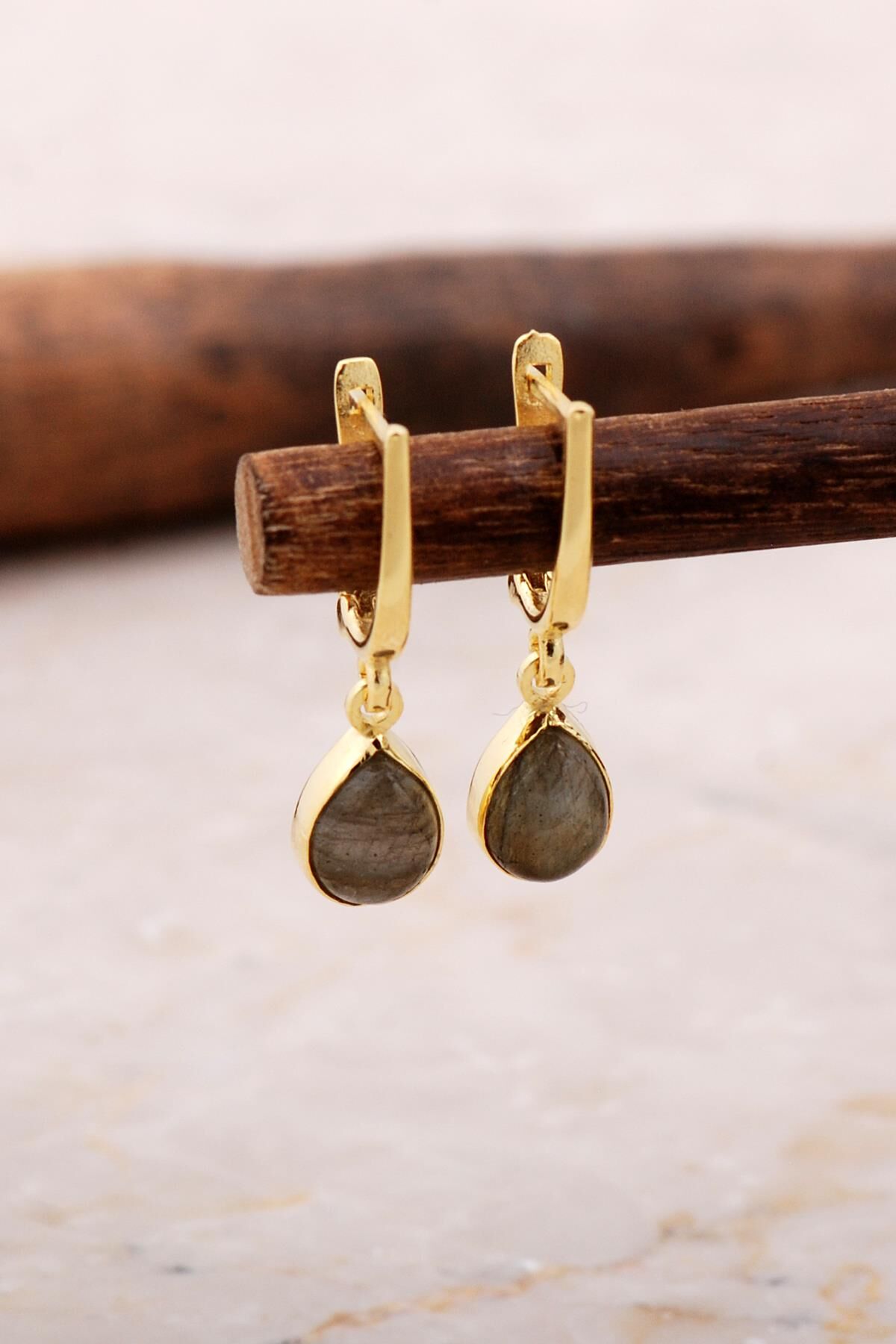 Doğal Labradorit Taşlı Damla mini Altın Yaldızlı Gümüş Küpe 5871