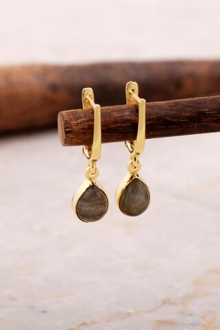 Doğal Labradorit Taşlı Damla mini Altın Yaldızlı Gümüş Küpe 5871