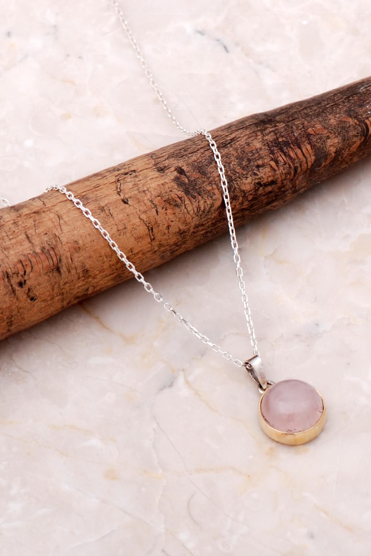 Pembe Kuvars Elişi Gümüş Kolye 6939