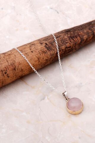 Pembe Kuvars Elişi Gümüş Kolye 6939