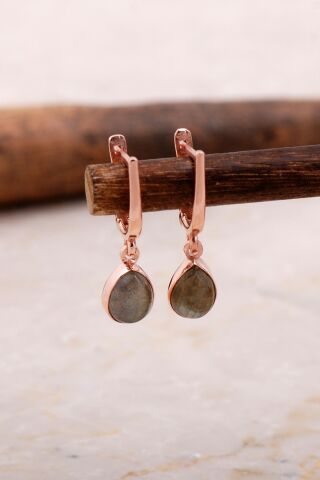 Doğal Labradorit Taşlı Damla Mini Rose Gümüş Küpe 5872