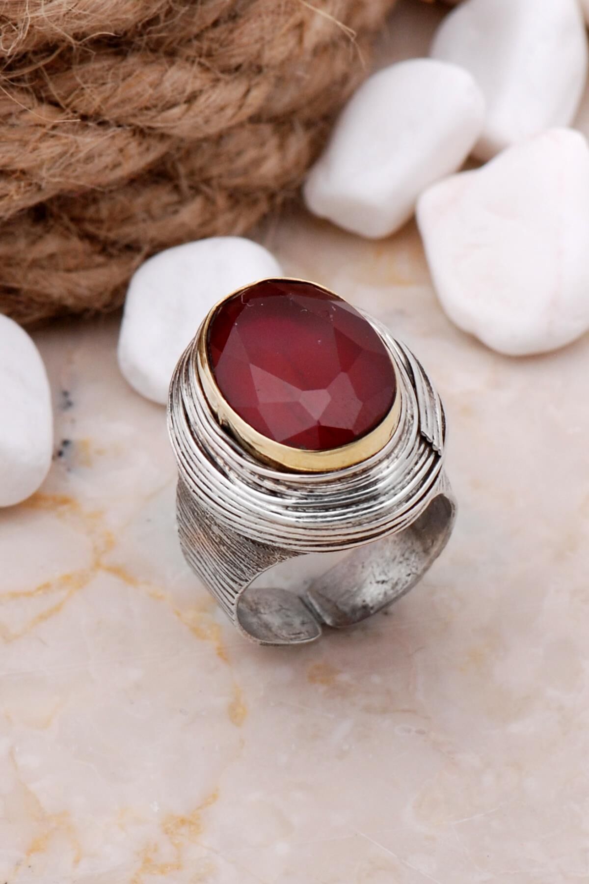 Yakut Taşlı Tel Sarma Elişi Gümüş Yüzük 3272