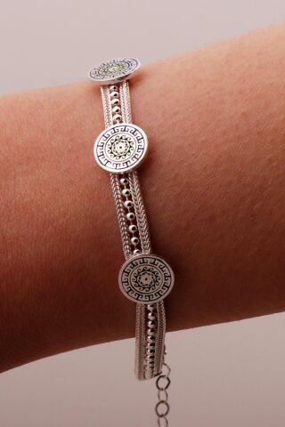 Anadolu Motifli Mineli Hasır Elişi Tasarım Gümüş Bileklik 4352