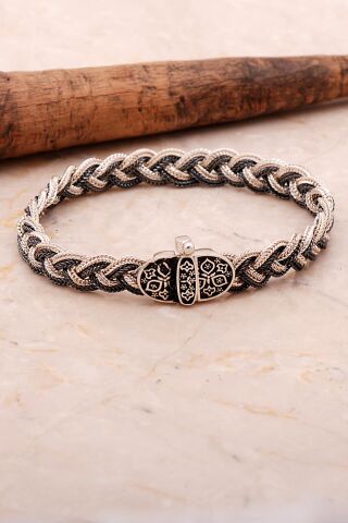 Anadolu Motifli 20 Cm Örgü Hasır Elişi Gümüş Erkek Bileklik 4354