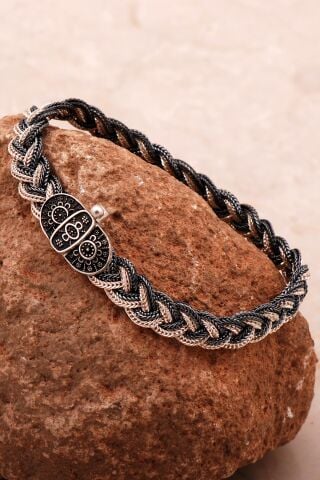 Mardin Güneşi 21,5 Cm Örgü Hasır Elişi 925 Ayar Gümüş Erkek Bileklik 4355