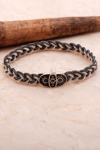 Mardin Güneşi 21,5 Cm Örgü Hasır Elişi 925 Ayar Gümüş Erkek Bileklik 4355