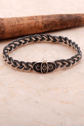 Mardin Güneşi 21,5 Cm Örgü Hasır Elişi 925 Ayar Gümüş Erkek Bileklik 4355