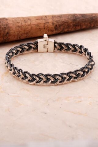 Mardin Güneşi 21,5 Cm Örgü Hasır Elişi 925 Ayar Gümüş Erkek Bileklik 4355