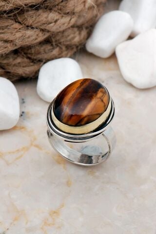 Kaplan Gözü Taşlı Tel Sarma Elişi Gümüş Yüzük 3276