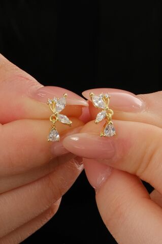 Taşlı Kelebek Altın Kaplama Mini Gümüş Küpe 7344