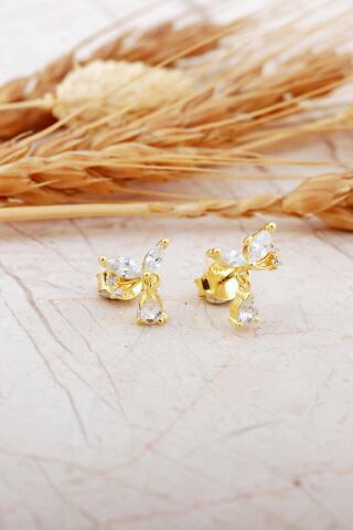 Taşlı Kelebek Altın Kaplama Mini Gümüş Küpe 7344