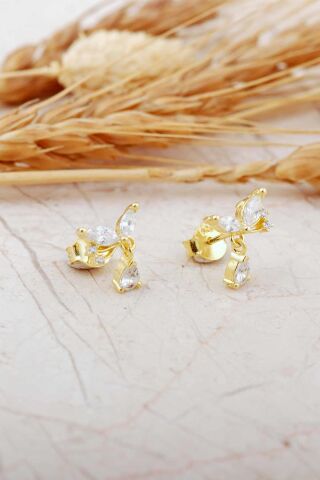 Taşlı Kelebek Altın Kaplama Mini Gümüş Küpe 7344