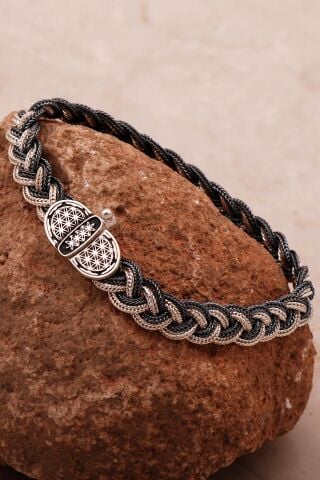 Yaşam Çiçeği 20 Cm Hasır Örgü Elişi Gümüş Erkek Bileklik 4356