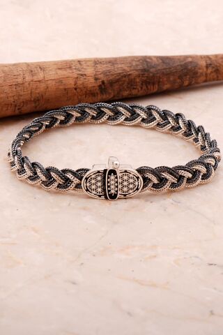 Yaşam Çiçeği 20 Cm Hasır Örgü Elişi Gümüş Erkek Bileklik 4356