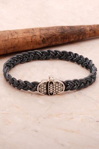 Yaşam Çiçeği 20 Cm Örgü Hasır Elişi Oksitli Gümüş Erkek Bileklik 4357