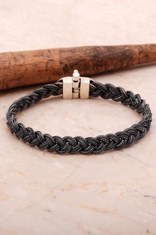 Yaşam Çiçeği 20 Cm Örgü Hasır Elişi Oksitli Gümüş Erkek Bileklik 4357