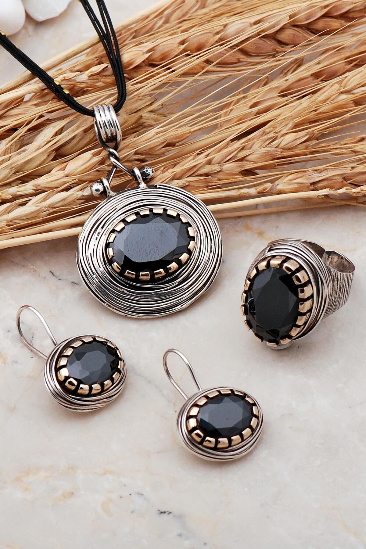 Oniks Taşlı Tel Sarma Elişi gümüş Set 2404