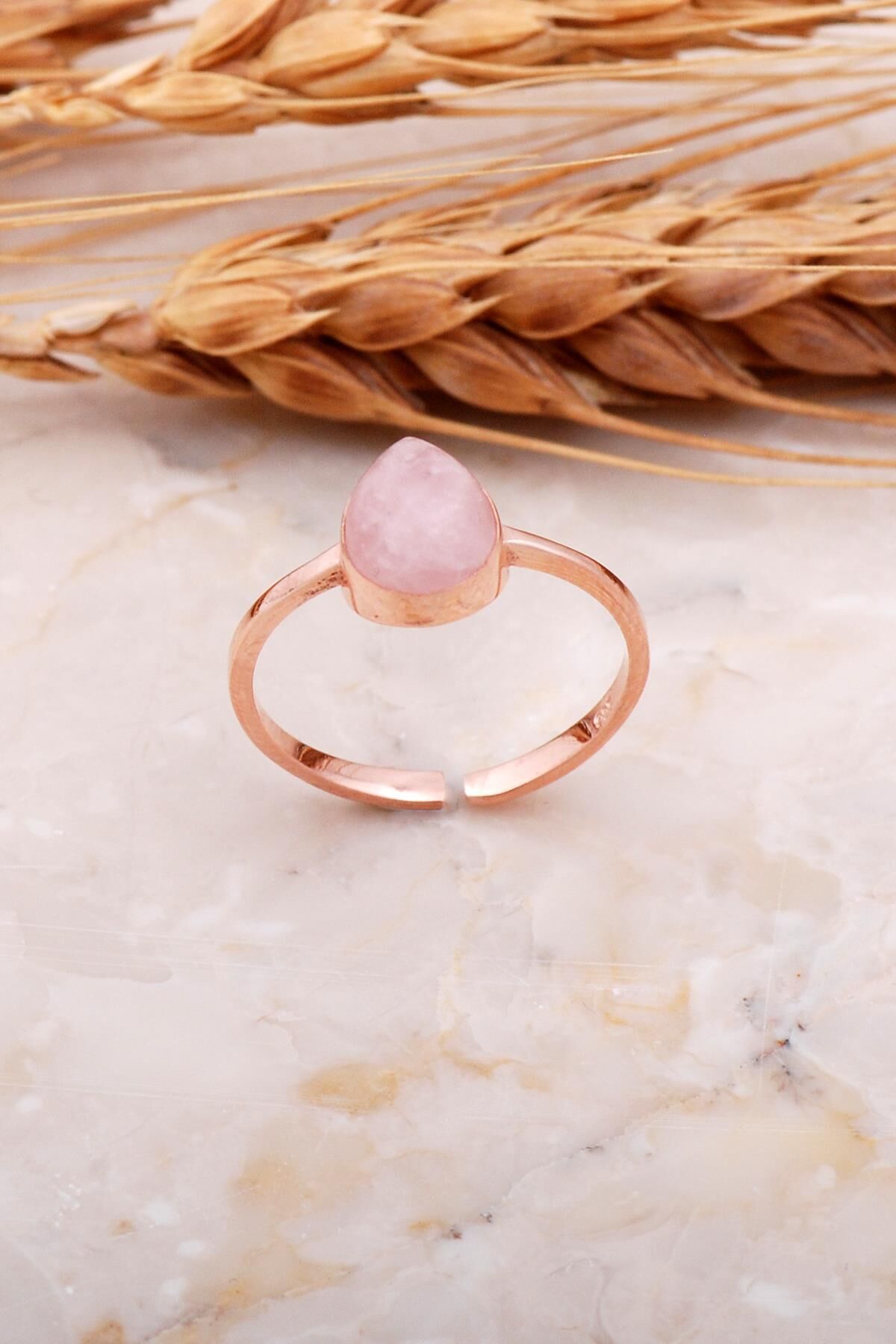 Pembe Kuvars Taşlı Damla Rose Gümüş Yüzük 3658