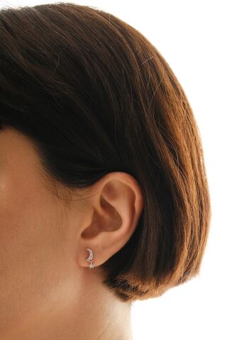 Taşlı Ay Rodyumlu Mini Gümüş Küpe 7348