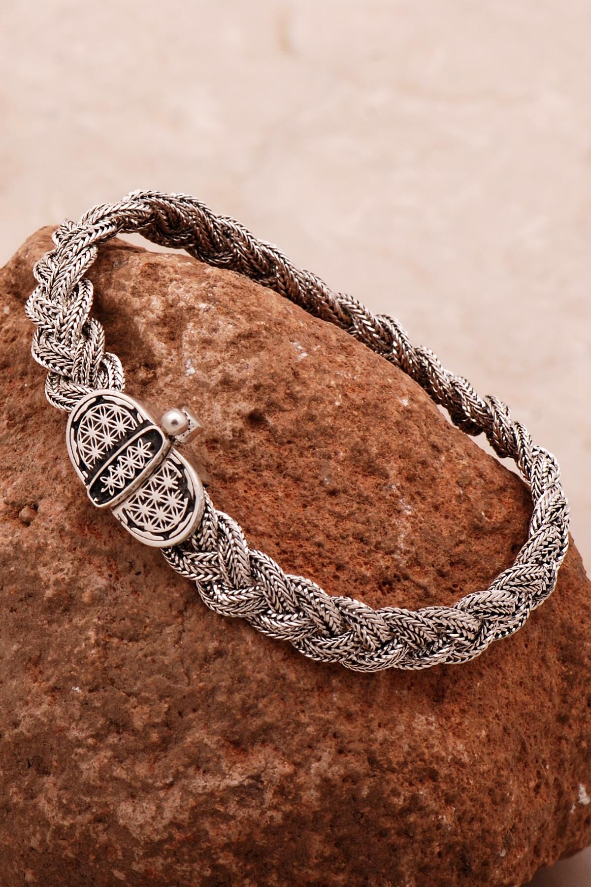 Yaşam Çiçeği Hasır Örgü Elişi Oksitli Gümüş Bileklik 4359