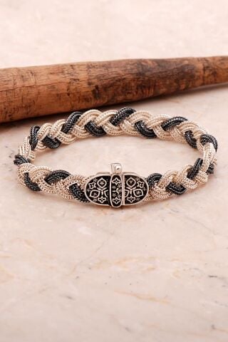 Anadolu Motifli 18,5 Cm Hasır Örgü Elişi Gümüş Erkek Bileklik 4360