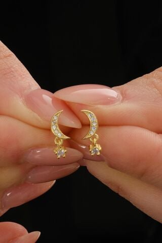 Taşlı Ay Altın Kaplama Mini Gümüş Küpe 7349