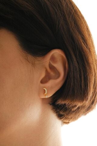 Taşlı Ay Altın Kaplama Mini Gümüş Küpe 7349