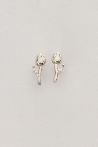 Taşlı Lale Rodyumlu Mini Gümüş Küpe 7350